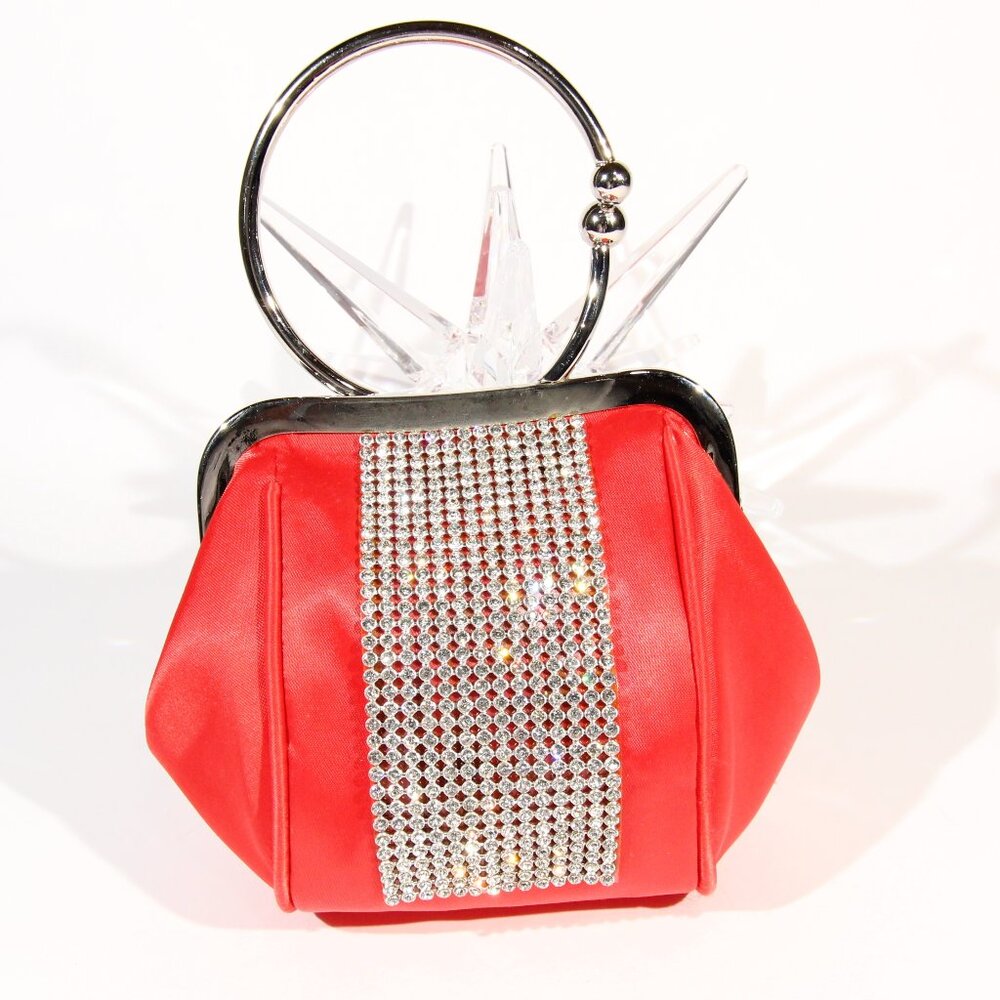 Red Evening Clutch with a Rhinestone Stripe and a Silver-Tone Metal Handle